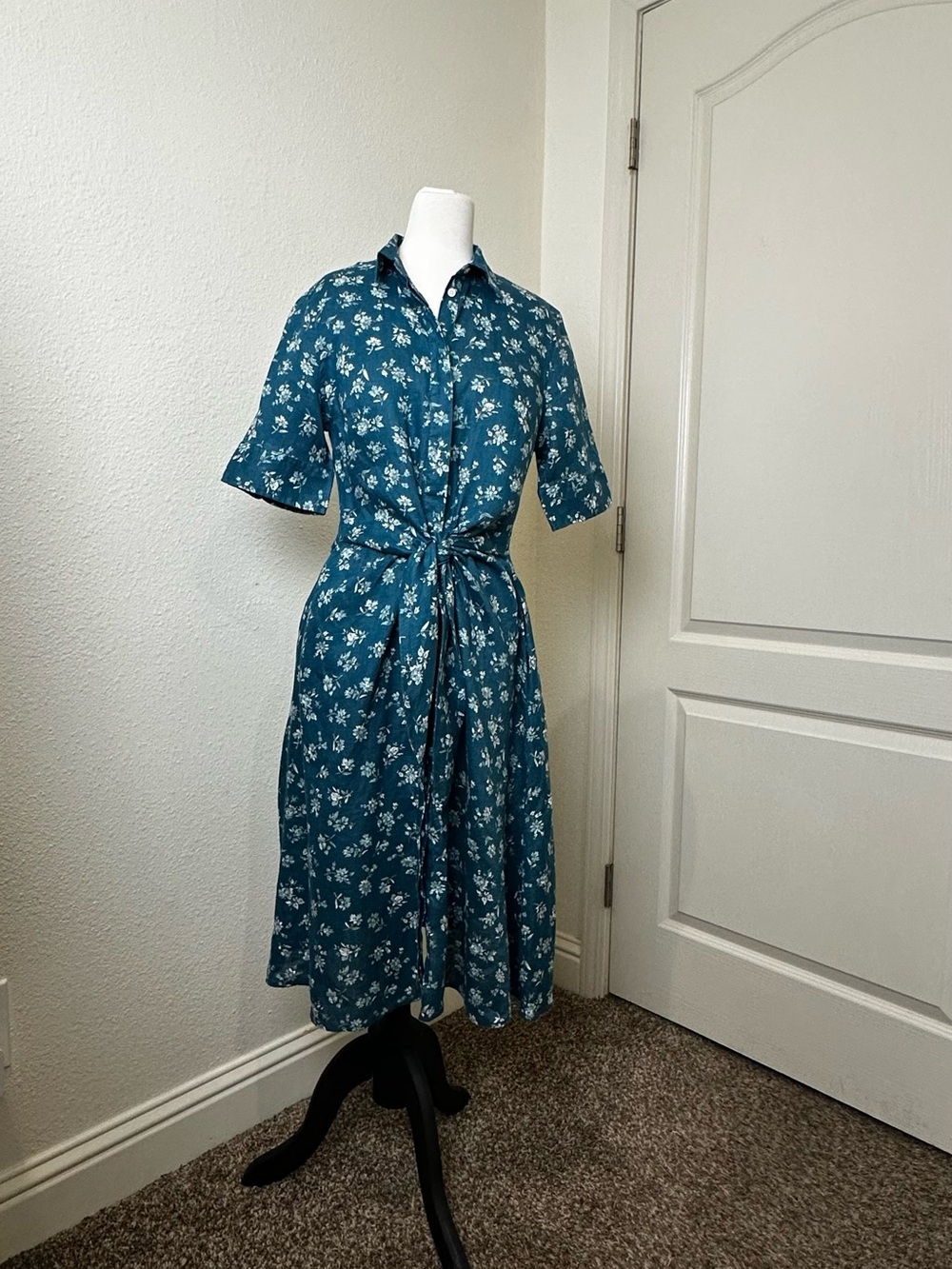Ralph Lauren Teal Floral Tie-Waist Midi Dress